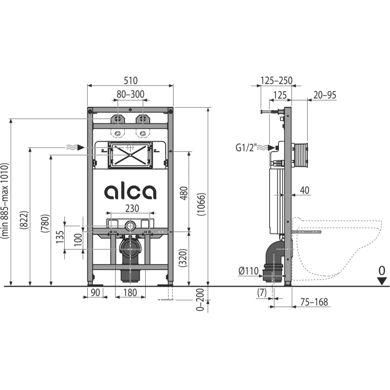 Montážní rám Alcadrain (Alcaplast) s nádržkou pro výlevku s odpadem DN90/110 a baterii A108F/1100