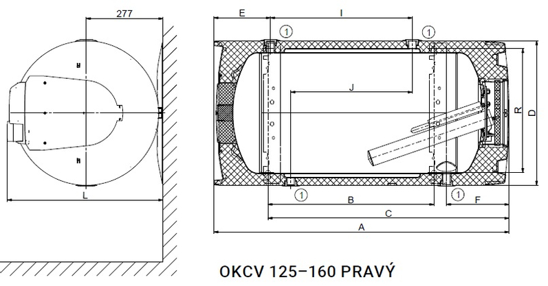Ohřívač kombinovaný Dražice OKCV 125, 2,2 kW, závěsný vodorovný, pravý