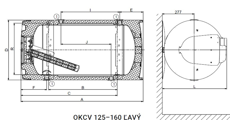 Ohřívač kombinovaný Dražice OKCV 125, 2,2 kW, závěsný vodorovný, levý