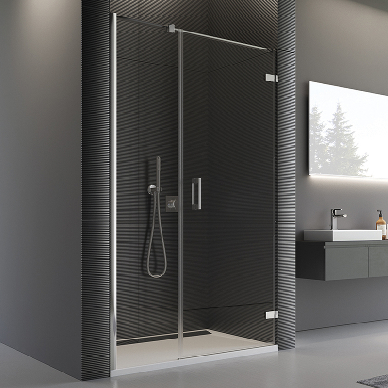 Jednokřídlé dveře Ronal Pur s pantem u zdi a s pevnou stěnou v rovině s vyrovnávacím profilem - panty vpravo 1200 x 2000 mm, chrom/sklo Durlux