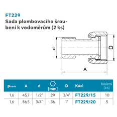 Sada plombovacího šroubení k vodoměru 2ks 1/2˝