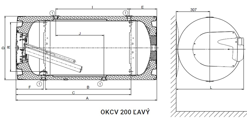 Ohřívač kombinovaný Dražice OKCV 200, 2,2 kW, závěsný vodorovný, levý