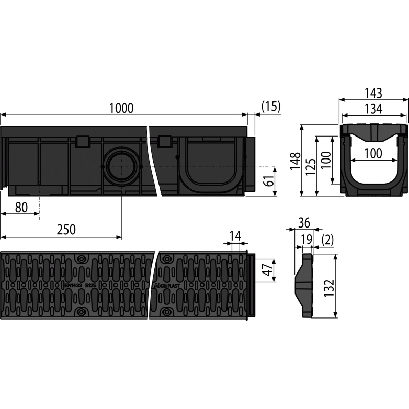Venkovní žlab 100 mm s plastovým rám Alcadrain (Alcaplast) em a kompozitním roštem B125 AVZ104-R402