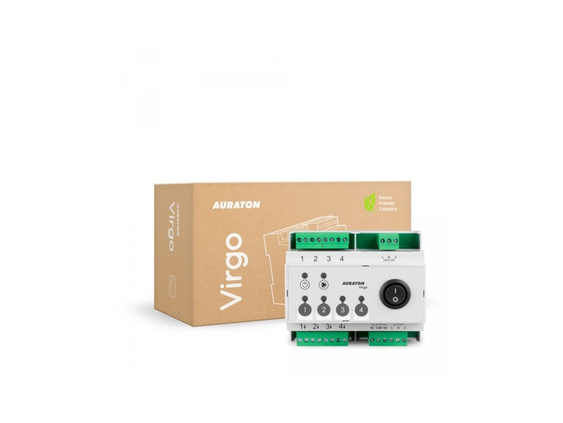 Ovládací terminál Auraton Virgo (4D PRO), určený k montáži do rozvodnice (šířka 6 modulů) a následnému řízení pohonů na rozdělovači podlahového vytápění 1-4 zóny