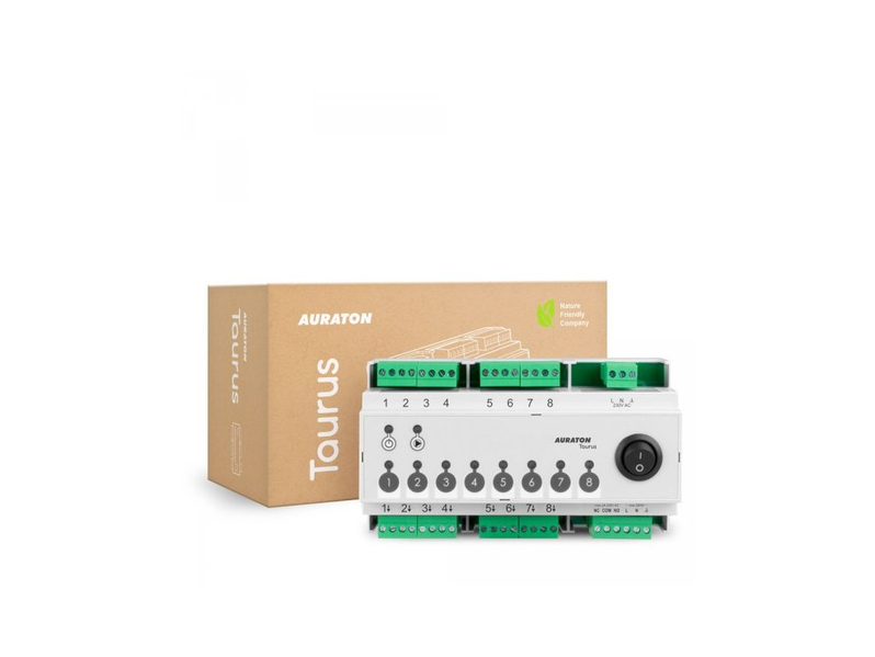 Ovládací terminál Auraton Taurus (8D PRO), určený k montáži do rozvodnice (šířka 9 modulů) a následnému řízení pohonů na rozdělovači podlahového vytápění 1-8 zón