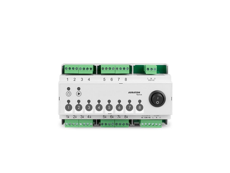 Ovládací terminál Auraton Taurus (8D PRO), určený k montáži do rozvodnice (šířka 9 modulů) a následnému řízení pohonů na rozdělovači podlahového vytápění 1-8 zón