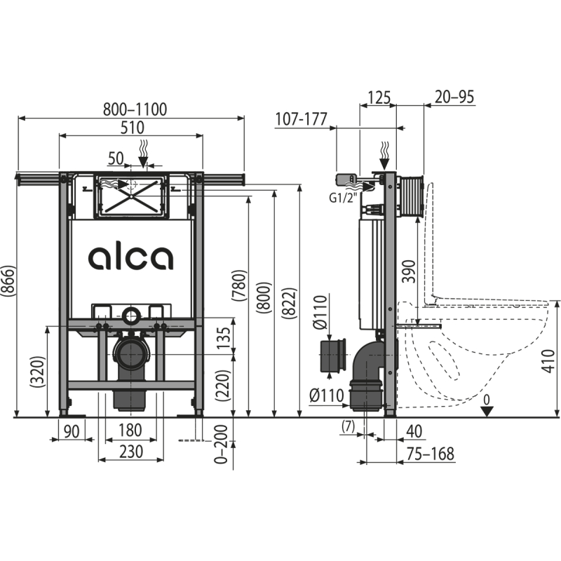 Předstěnový instalační systém Alcadrain (Alcaplast) pro suchou instalaci (především při rekonstrukci bytových jader) AM102/850
