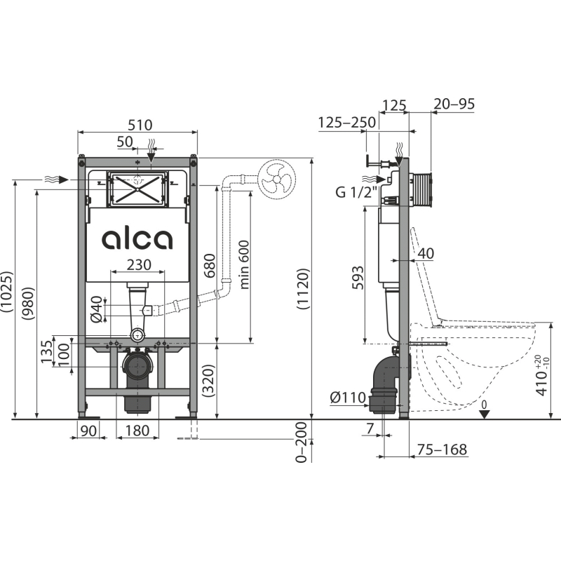 Předstěnový instalační systém Alcadrain (Alcaplast) pro suchou instalaci (do sádrokartonu) AM101/1120