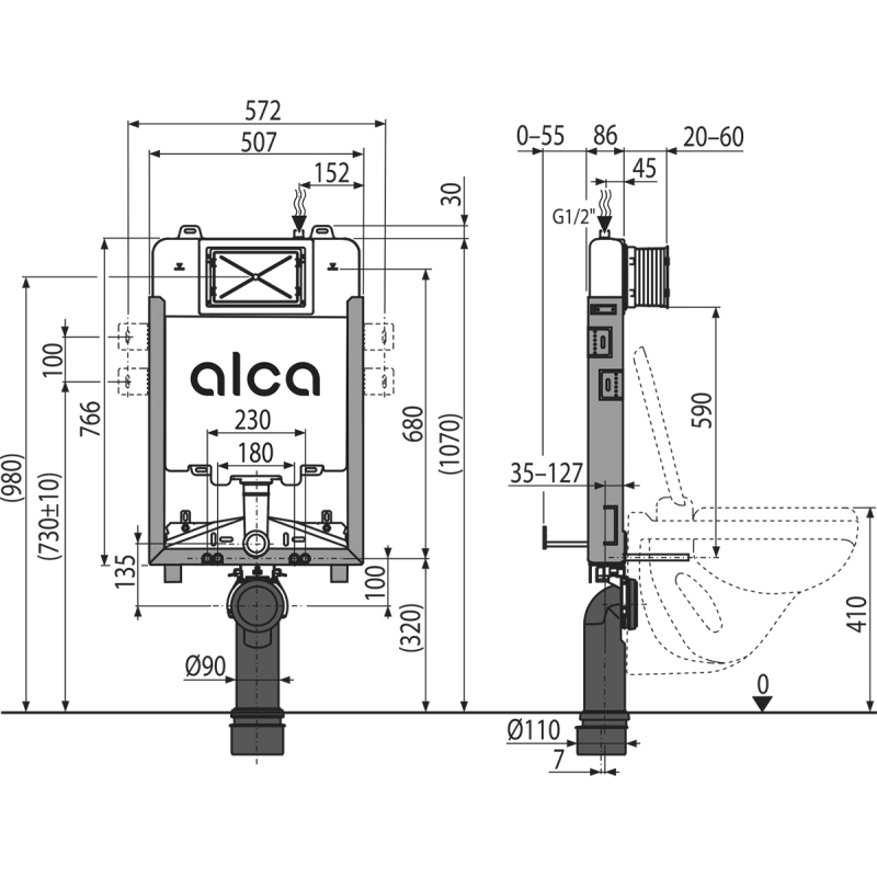 Předstěnový instalační systém Alcadrain (Alcaplast) pro zazdívání AM1115/1000