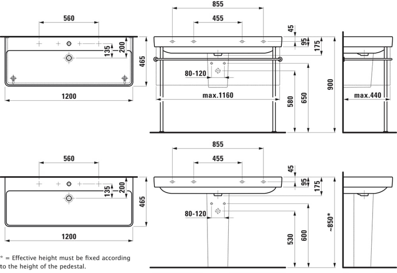 Dvojité umyvadlo k zabudování do nábytku Laufen Pro S, 2 otvory pro baterii, 120 x 46,5 cm, s přepadem, bílá s LCC (Laufen Clean Coat)