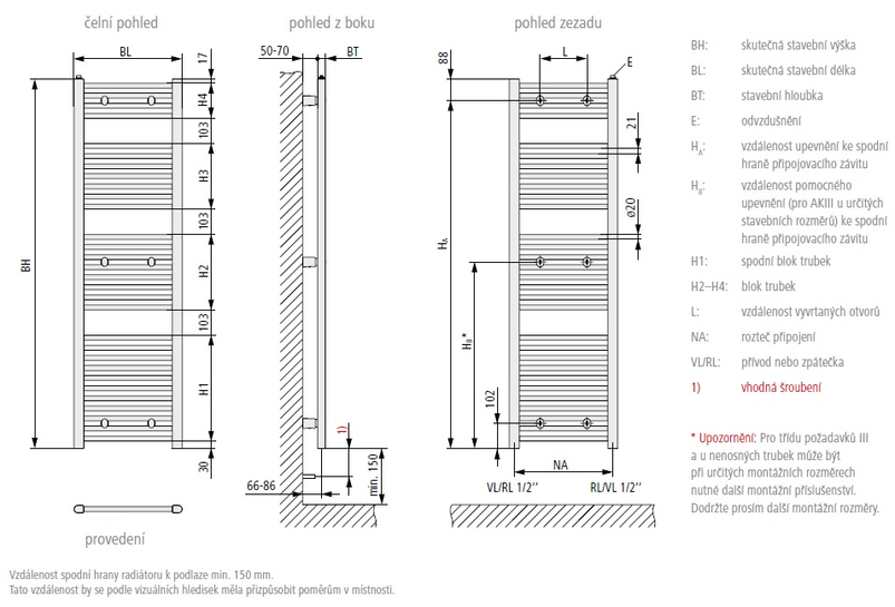 Koupelnové trubkové těleso Kermi B20-S rovné, boční připojení, 1502 x 590 mm, bílé