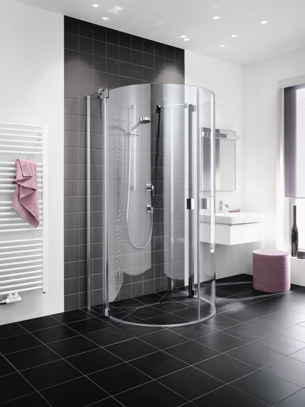 Půlkruhový sprchový kout s kyvnémi dveřmi a s pevnými poli Kermi Raya RAZ20 stříbrný vysoký lesk, čiré ESG sklo s úpravou 100 x 100 x 200 cm