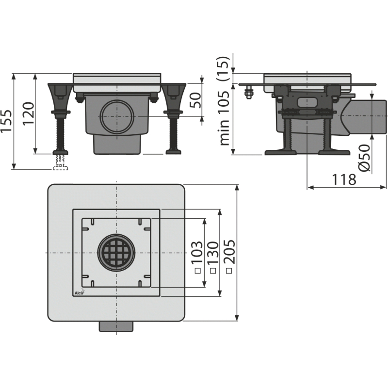 Podlahová vpust Alcadrain (Alcaplast) nerezová 130 x 130 mm boční, bez mřížky, Kombinovaná zápachová uzávěra SMART APV130