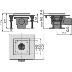 Podlahová vpust Alcadrain (Alcaplast) nerezová 130 x 130 mm boční, bez mřížky, Kombinovaná zápachová uzávěra SMART APV130
