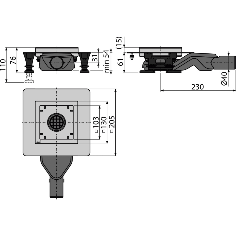 Podlahová vpust Alcadrain (Alcaplast) nerezová e x tra-nízká 130 x 130 mm boční, bez mřížky, Kombinovaná zápachová uzávěra SMART APV110