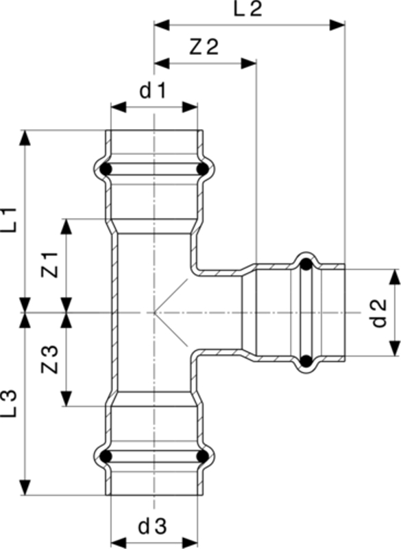 T-kus Viega Sanpress Inox LF s SC-Contur, v laboratorní kvalitě 2318LF 28 x 22 x 28