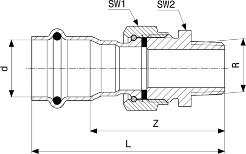 Přechodové šroubení Viega Sanpress Inox LF s SC-Contur, v laboratorní kvalitě 2365LF 42 x 6/4˝