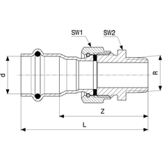 Přechodové šroubení Viega Sanpress Inox LF s SC-Contur, v laboratorní kvalitě 2365LF 42 x 6/4˝