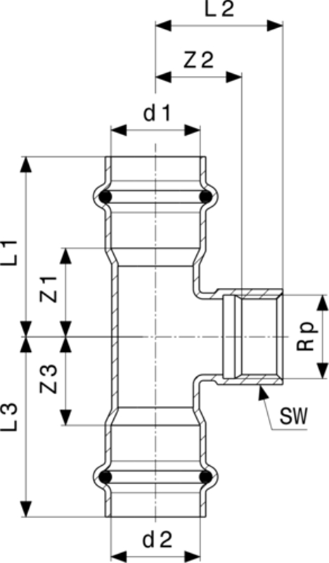 T-kus Viega Sanpress Inox LF s SC-Contur, v laboratorní kvalitě 2317.2LF 42 x 1/2˝ x 42