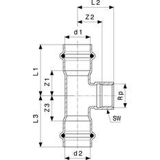 T-kus Viega Sanpress Inox LF s SC-Contur, v laboratorní kvalitě 2317.2LF 42 x 1/2˝ x 42