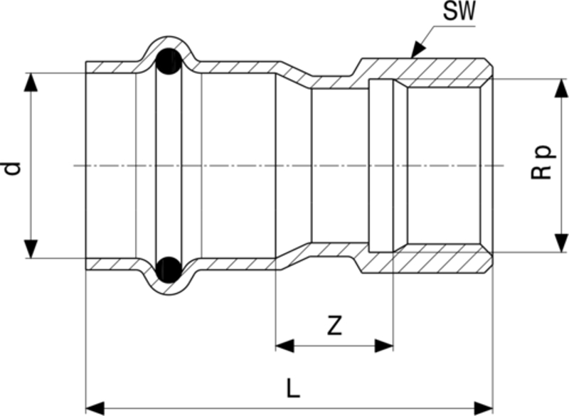 Přechodový kus Viega Sanpress Inox LF s SC-Contur, v laboratorní kvalitě 2312LF 42 x 6/4˝