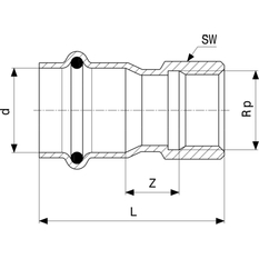 Přechodový kus Viega Sanpress Inox LF s SC-Contur, v laboratorní kvalitě 2312LF 42 x 6/4˝