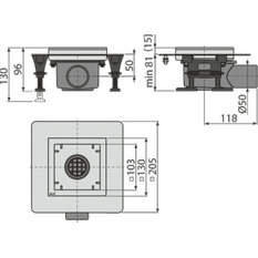 Podlahová vpust Alcadrain (Alcaplast) nerezová nízká 130 x 130 mm boční, bez mřížky, Kombinovaná zápachová uzávěra SMART APV120