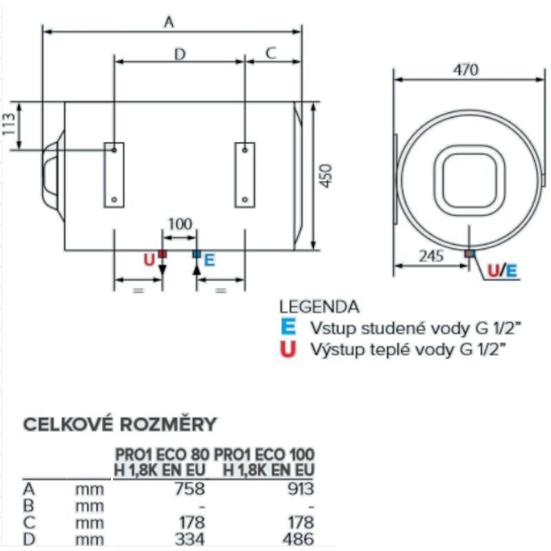 Elektrický ohřívač Ariston Pro 1 Eco 100 H 1.8K PL EU, závěsný horizontální, objem 100 l, výkon 1,8 kW