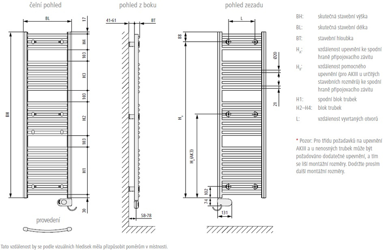 Koupelnové trubkové elektrické těleso Kermi B20-RE prohnuté, boční připojení, 1174 x 440 mm, bílé