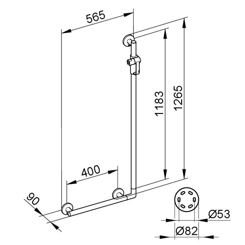 Zahnuté madlo 90° Keuco Plan Care, 565/1265 mm, stříbrně eloxovaný hliník/pochromováno