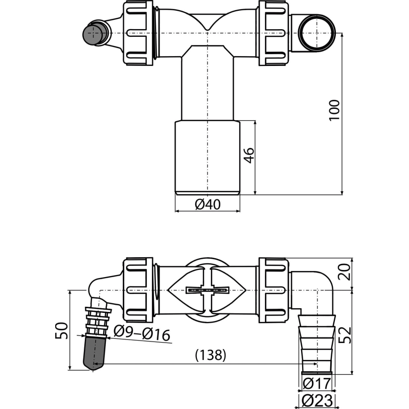 Dvojité kolínko Alcadrain (Alcaplast) DN40/32 / 8-23 s klapkami P156Z