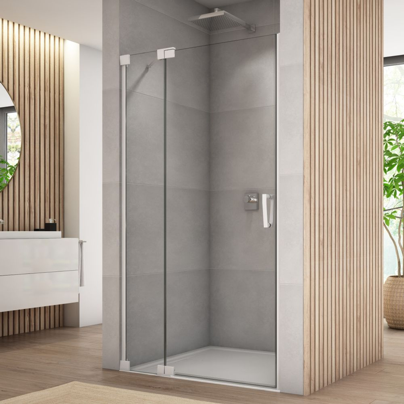Jednokřídlé dveře Ronal Cadura s pevnou stěnou v rovině - panty vlevo / 1 strana rohového vstupu 900 x 2000 mm, aluchrom/sklo čiré