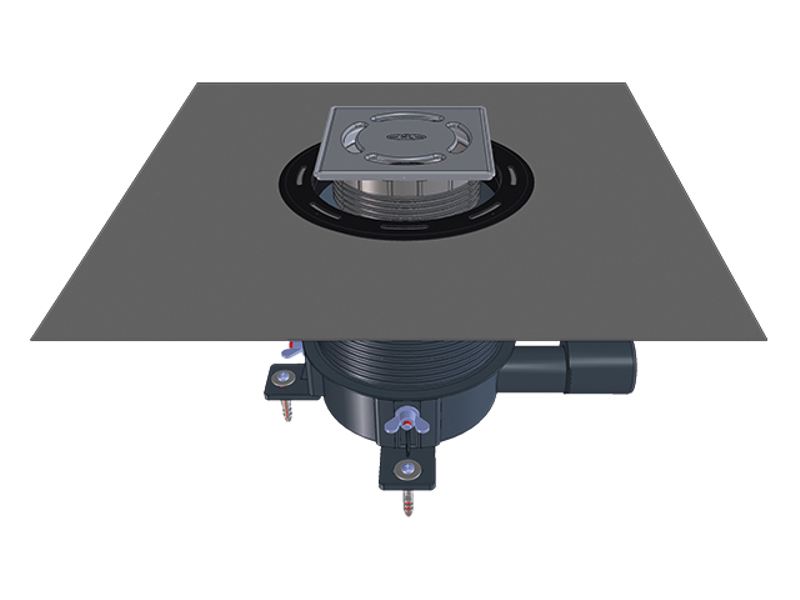 Sprchová vpust HL Hutterer & Lechner, DN40/50 s ležatým odtokem, ZU Primus Blue, výškově upravitelná, s izolační soupravou na stěrkové izolace, nerez 121x121/ nerez 115x115mm. Odpovídá normě ČSN EN 1253-8.