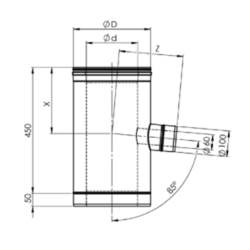 Rovný díl Almeva 450 mm s odbočkou 60 / 100 85° DK / 350 - 550