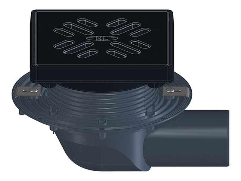 Balkonový/terasový/dvorní vtok HL Hutterer & Lechner, DN75 s ležatým odtokem, s izolační přírubou, se suchou nezámrznou zápachovou klapkou, litina 190x190mm/litina 175x175mm, sítko