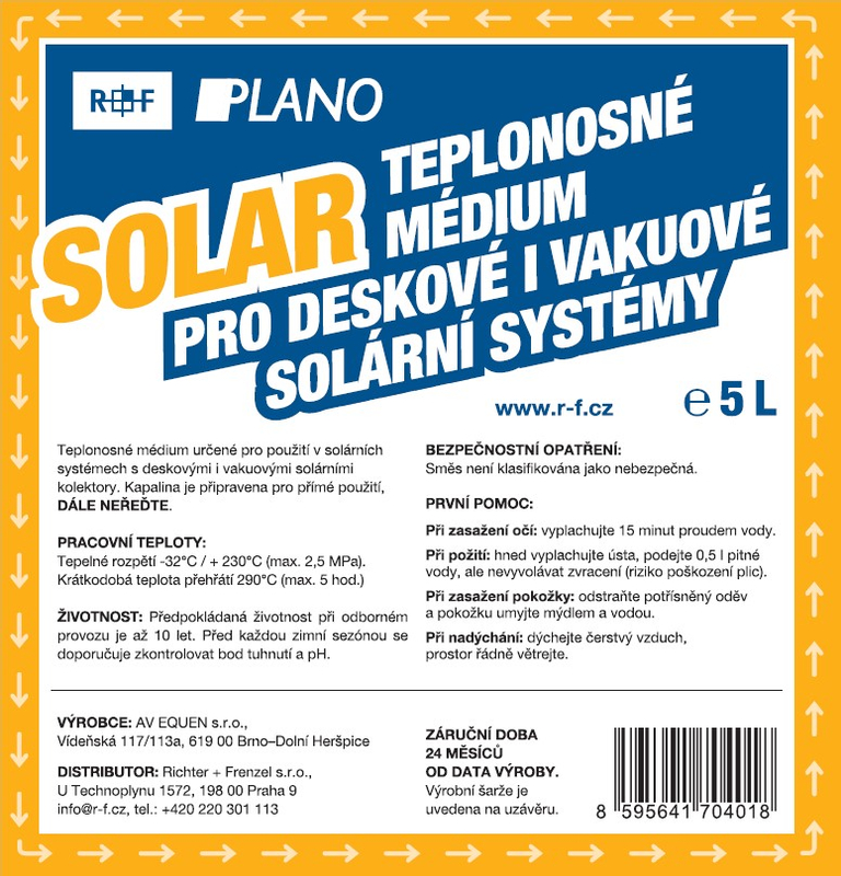 Kapalina teplonosná nemrznoucí Plano Solar pro solární systémy 5 l