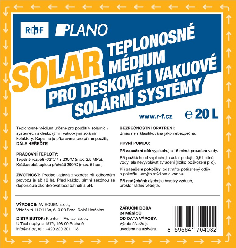 Kapalina teplonosná nemrznoucí Plano Solar pro solární systémy 20 l