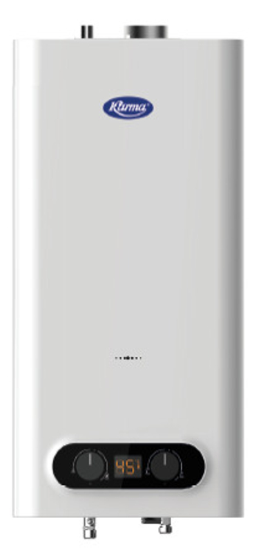 Závěsný plynový průtokový ohřívač vody Karma POV 14BK ZP, nasávání vzduchu z místnosti a odtah spalin vyveden do komína