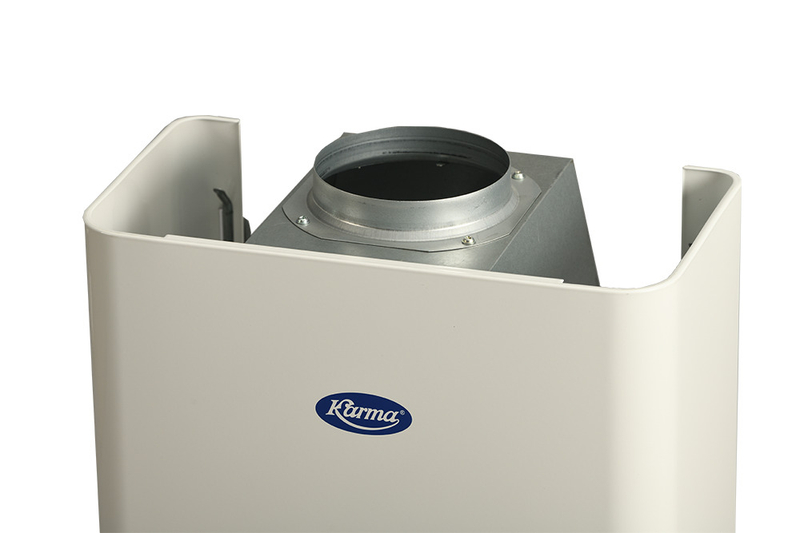 Závěsný plynový průtokový ohřívač vody Karma POV 14BK ZP, nasávání vzduchu z místnosti a odtah spalin vyveden do komína