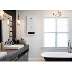 Závěsný plynový průtokový ohřívač vody Karma POV 14BK ZP, nasávání vzduchu z místnosti a odtah spalin vyveden do komína