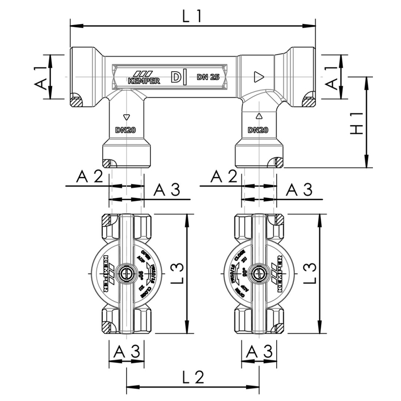 Dynamická skupina KHS Venturiho děliče průtoku Kemper, k montáži na omítku, průchod vnitřní závit, DN 25
