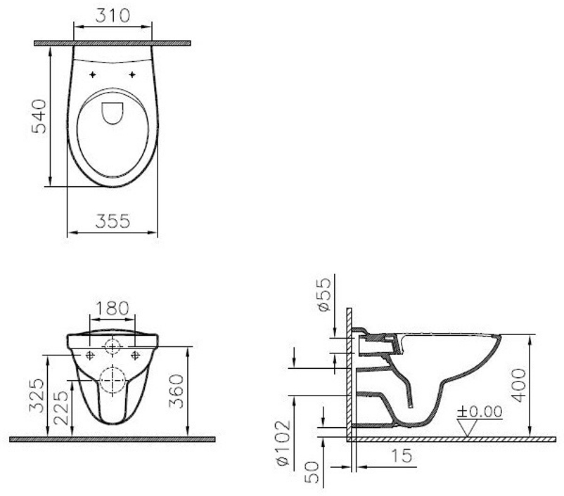 Závěsný klozet Optiline Perfetto hluboké splachování rimless 35,5 x 54 cm