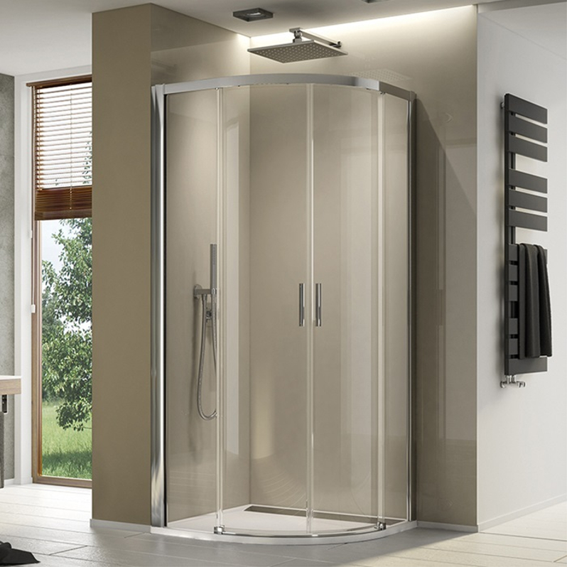 Čtvrtkruh Ronal Top - Line S s dvoudílnými posuvnými dveřmi, rádius 550 mm 900 x 2000 mm, aluchrom/sklo čiré