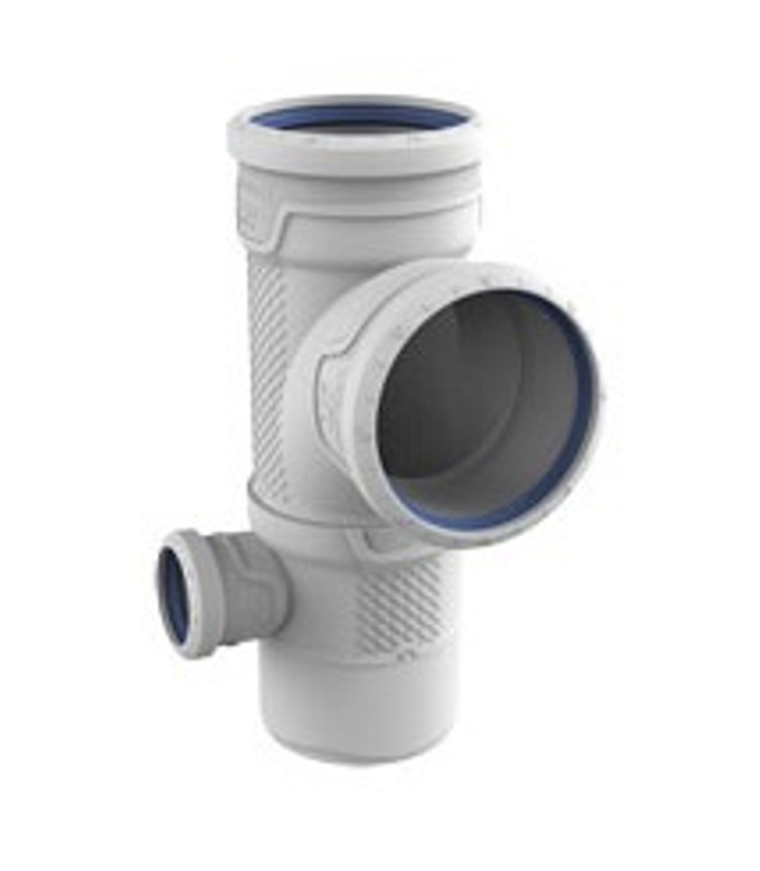 Odbočka odpadní odhlučněná paneláková rohová Wavin AS+ PP ASEP 87°, DN 90 x 50 x 90 levá, světle šedá