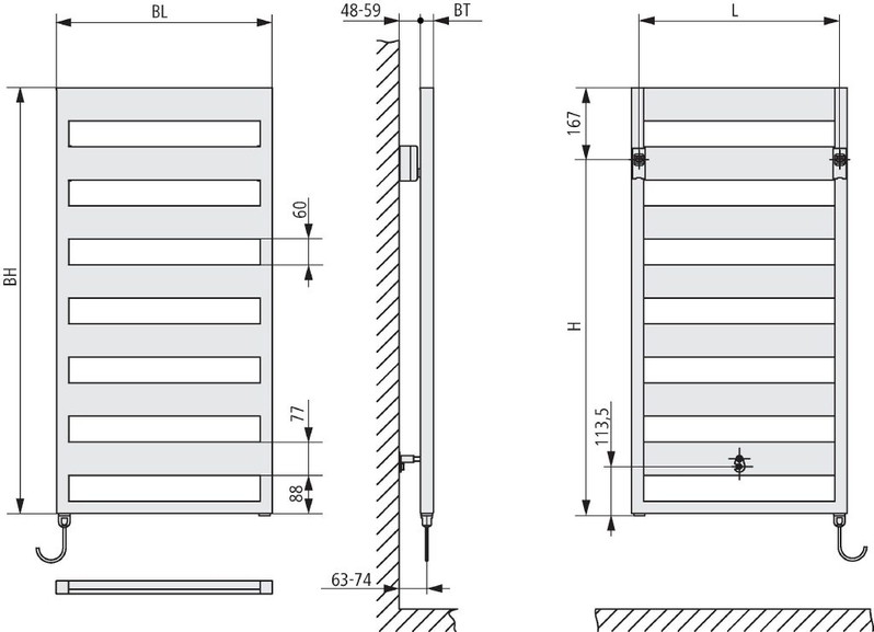 Koupelnové trubkové elektrické těleso Kermi Casteo-E elektrosada WFS vlevo, 1533 x 500 mm, stříbrné