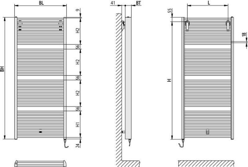 Těleso koupelnové trubkové elektrické Kermi Duett-E 1796 x 784 mm, elektrosada WFS vpravo 1500W, stříbrné
