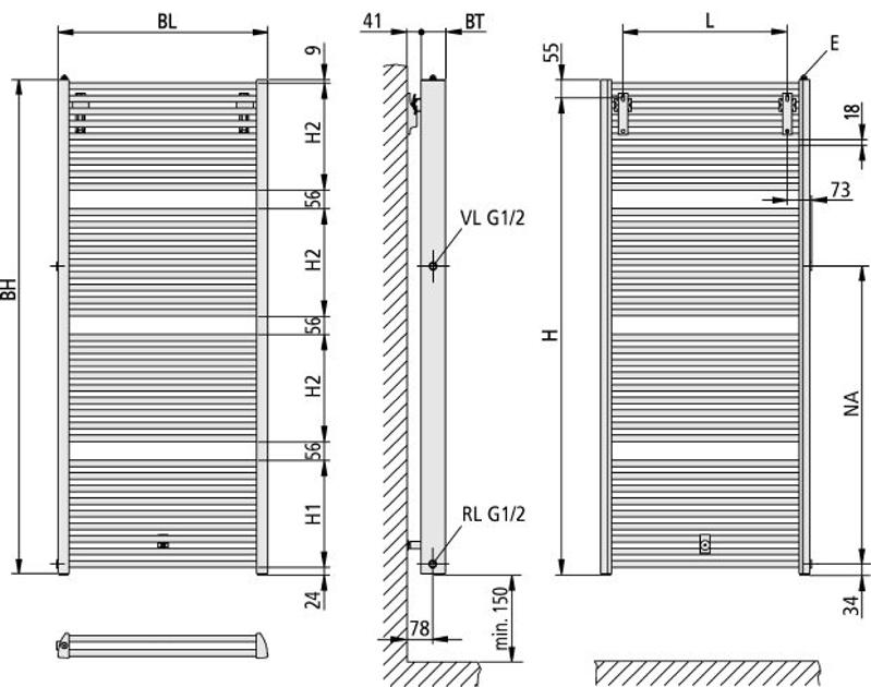 Těleso koupelnové trubkové pro rekonstrukce Kermi Duett-D 1188 x 484 mm, pravé, 834W, stříbrné