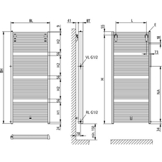Těleso koupelnové trubkové pro rekonstrukce Kermi Duett-D 1188 x 484 mm, pravé, 834W, stříbrné