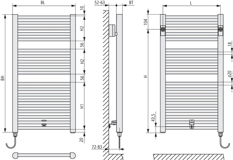 Těleso koupelnové trubkové elektrické Kermi Geneo circle-E 810 x 730 mm, elektrosada WKS vpravo 600 W, bílé