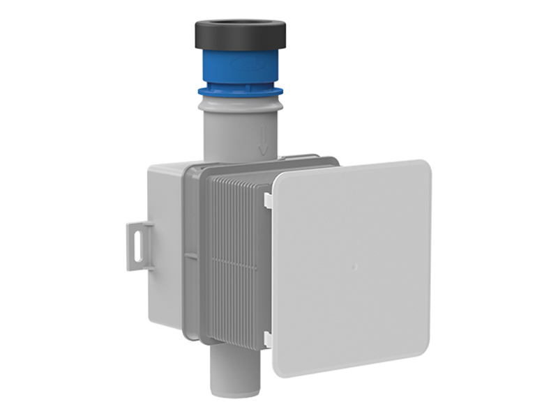 Podomítková zápachová uzávěrka pro odvod kondenzátu s hygienickým adaptérem, pro klimatizační jednotky HL Hutterer & Lechner, DN32 - 100x100mm, kryt bílý 110x110mm
